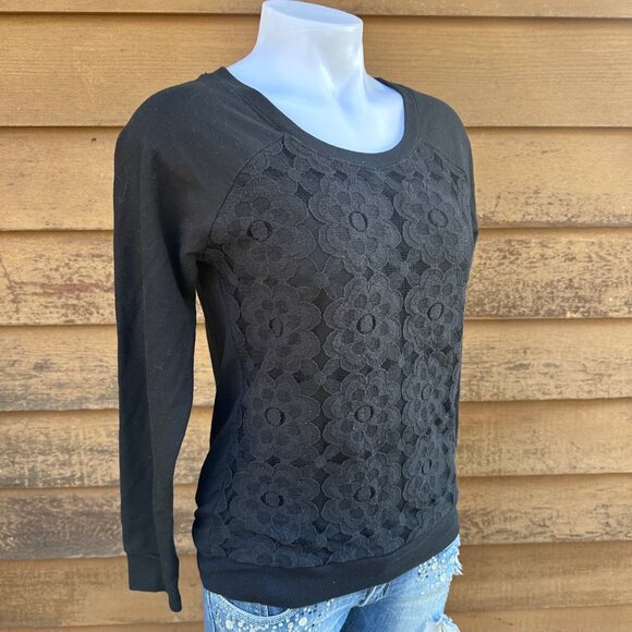 Active Womens Black Lace Front Long Sleeve Top Size M Cotton Blend - Picture 5 of 9